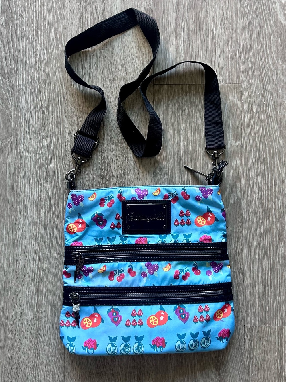 Vintage Betseyville Betsey Johnson Y2K Fruit Nylon Triple Zip Crossbody Blue